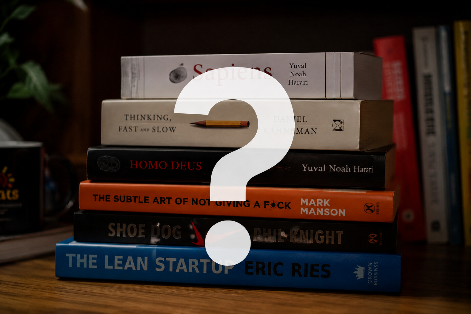 Books stacked with question mark overlay